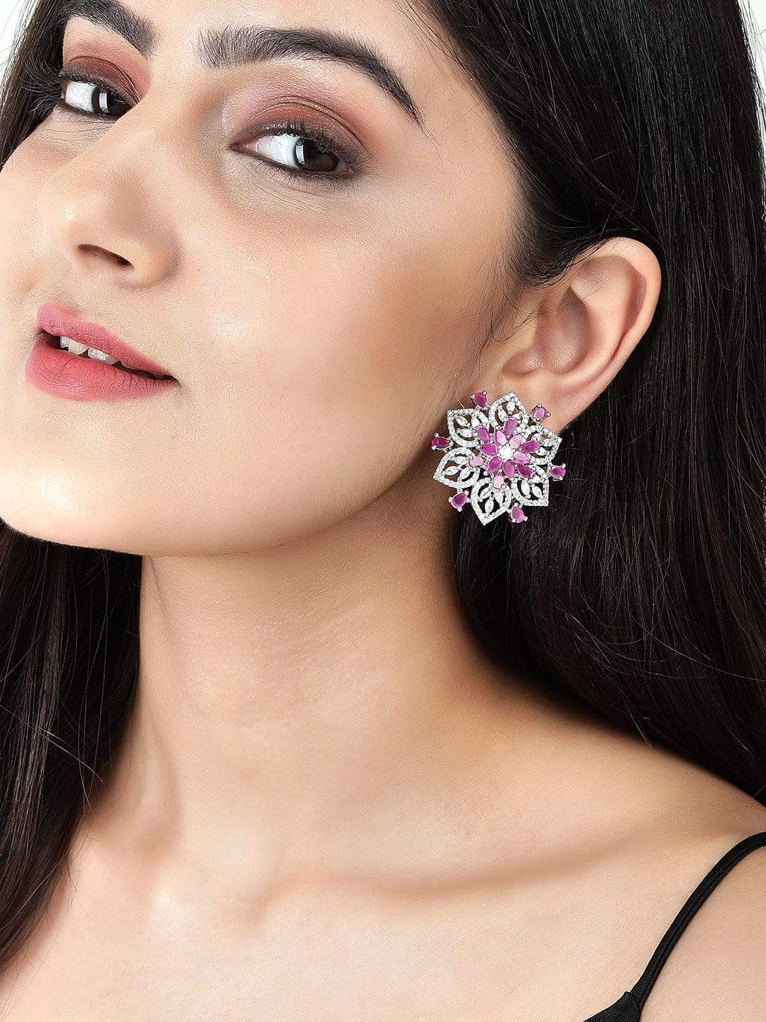 Rubans Silver-Plated White & Pink  AD Big Stud Earrings Earrings