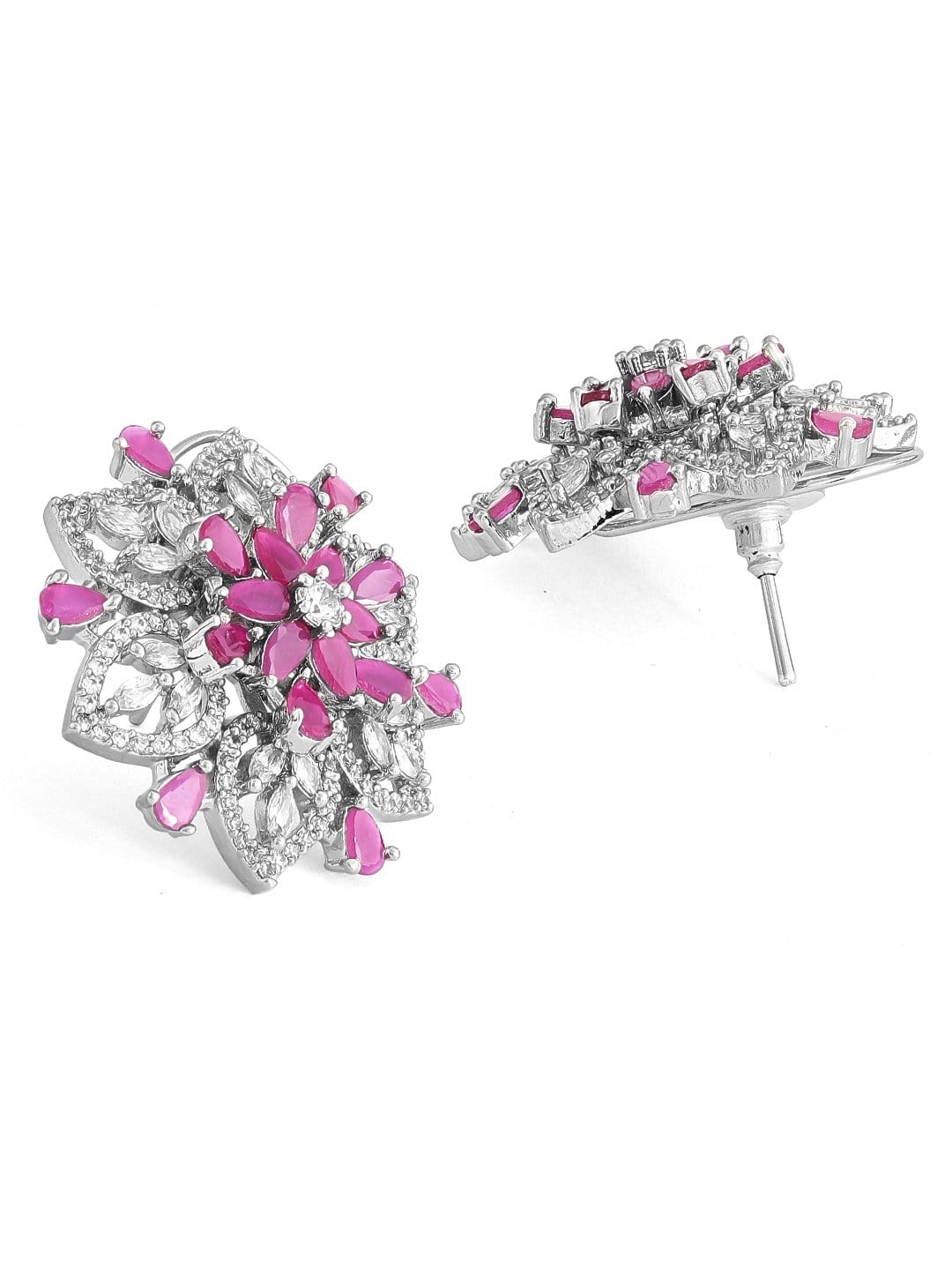 Rubans Silver-Plated White & Pink  AD Big Stud Earrings Earrings