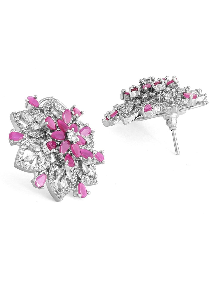Rubans Silver-Plated White & Pink  AD Big Stud Earrings Earrings
