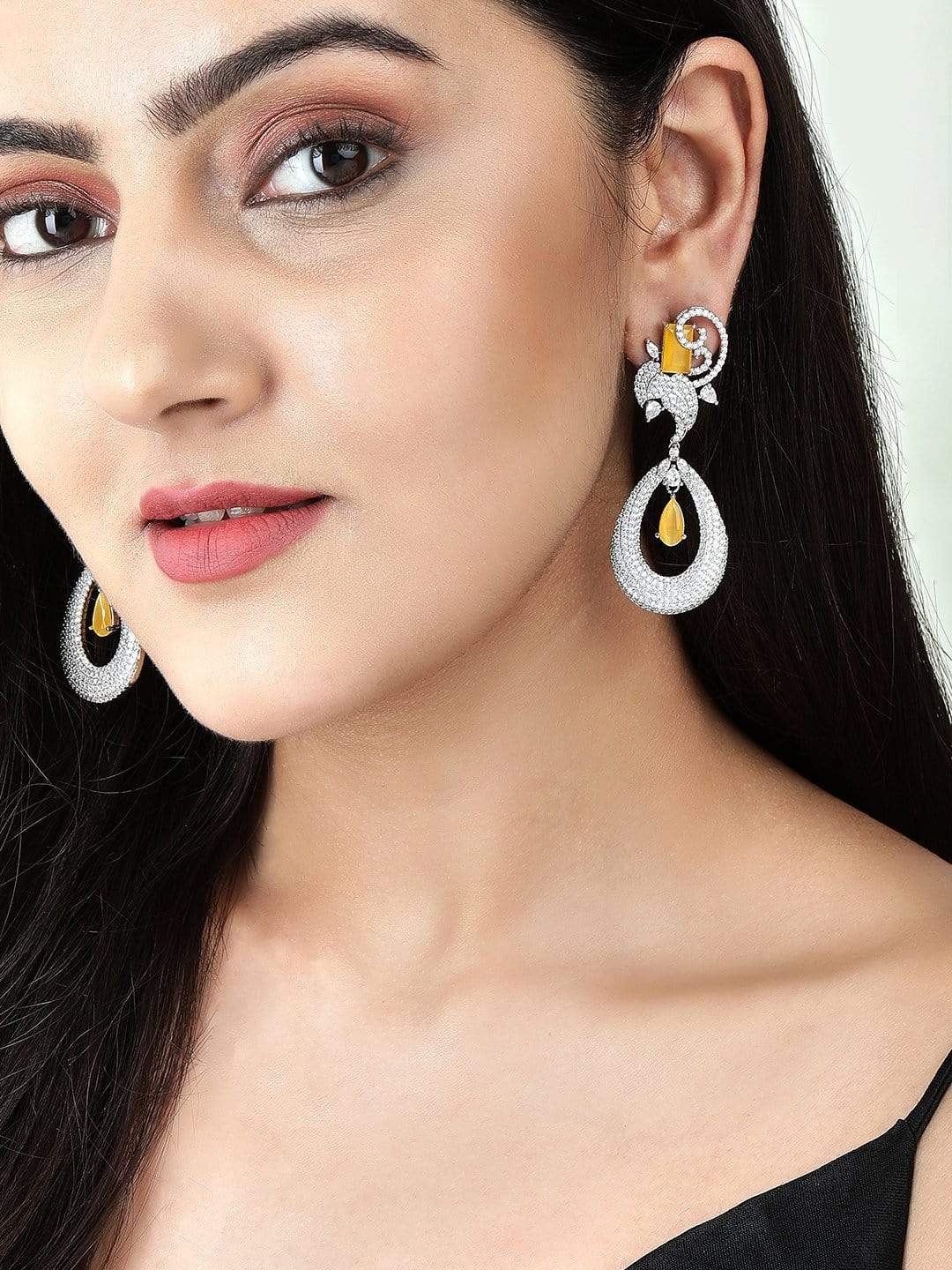 Rubans Silver-Plated White &Yellow AD Drop Earrings Earrings
