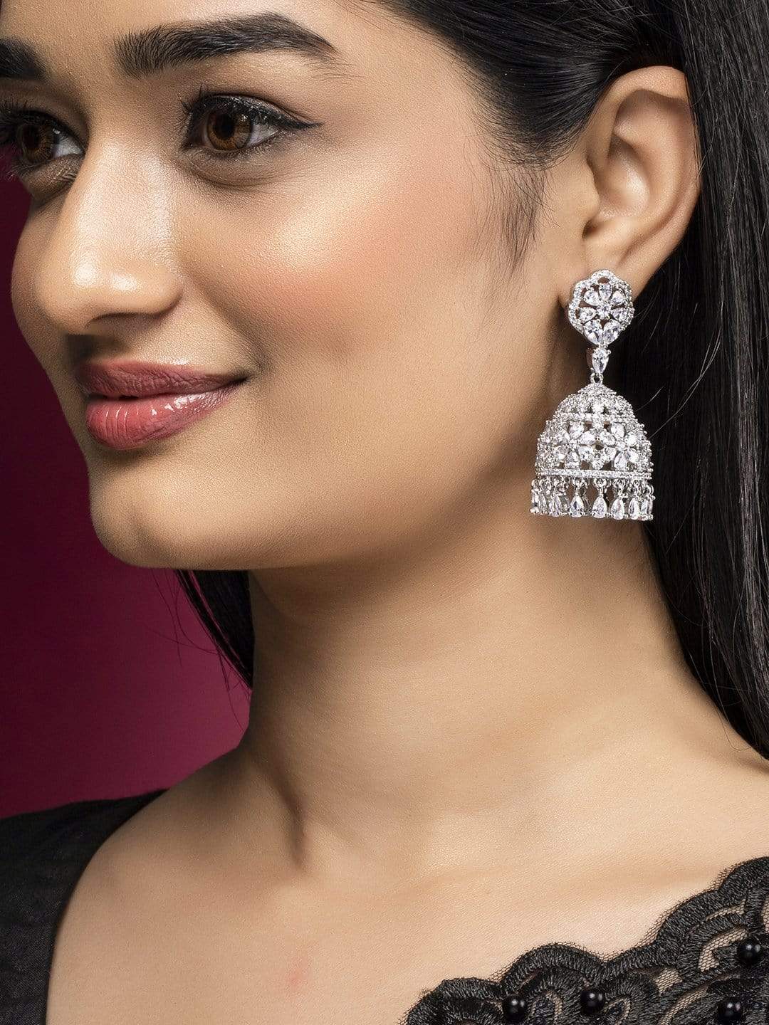 Rubans Silver Plated Zirconia Stone Studded Handcrafted Jhumka Earrings. Earrings