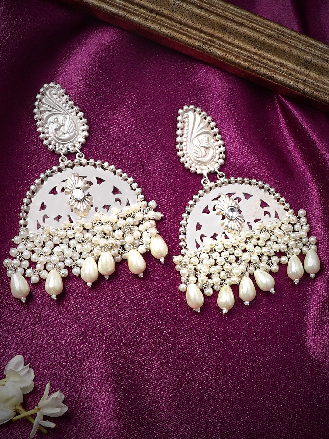 Rubans Silver Toned Drop Earrings With Pearl Hangings. Earrings