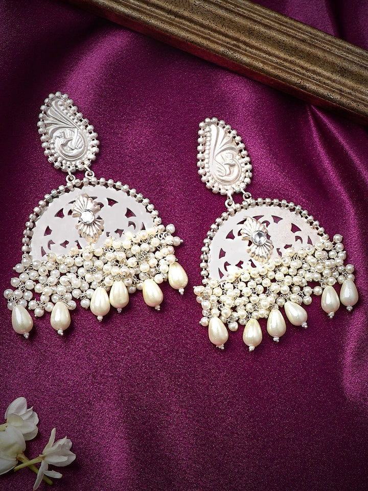 Rubans Silver Toned Drop Earrings With Pearl Hangings. Earrings