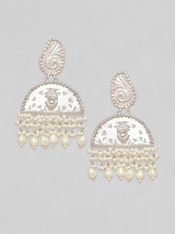 Rubans Silver Toned Drop Earrings With Pearl Hangings. Earrings