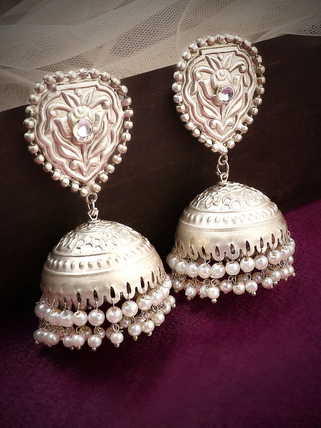 Rubans Silver Toned Jhumka Earrings With Pearl Hangings. Earrings