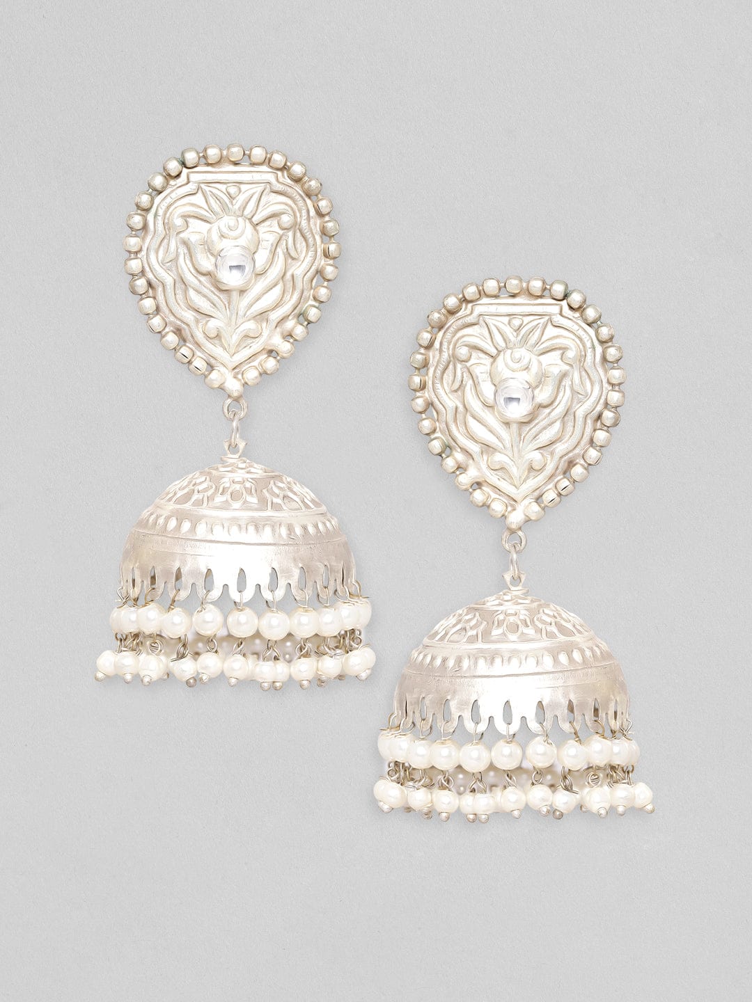 Rubans Silver Toned Jhumka Earrings With Pearl Hangings. Earrings