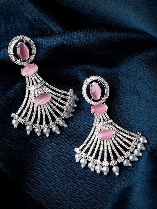 Rubans Silver-Toned & Pink Contemporary Chandbalis Earrings