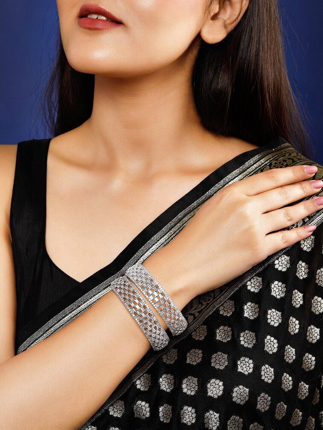 Rubans Silver-Toned Set Of 2 Cubic Zirconia Stone Studded Bangles Bangles & Bracelets