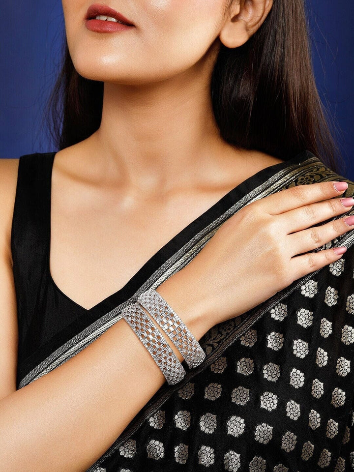 Rubans Silver-Toned Set Of 2 Cubic Zirconia Stone Studded Bangles Bangles & Bracelets