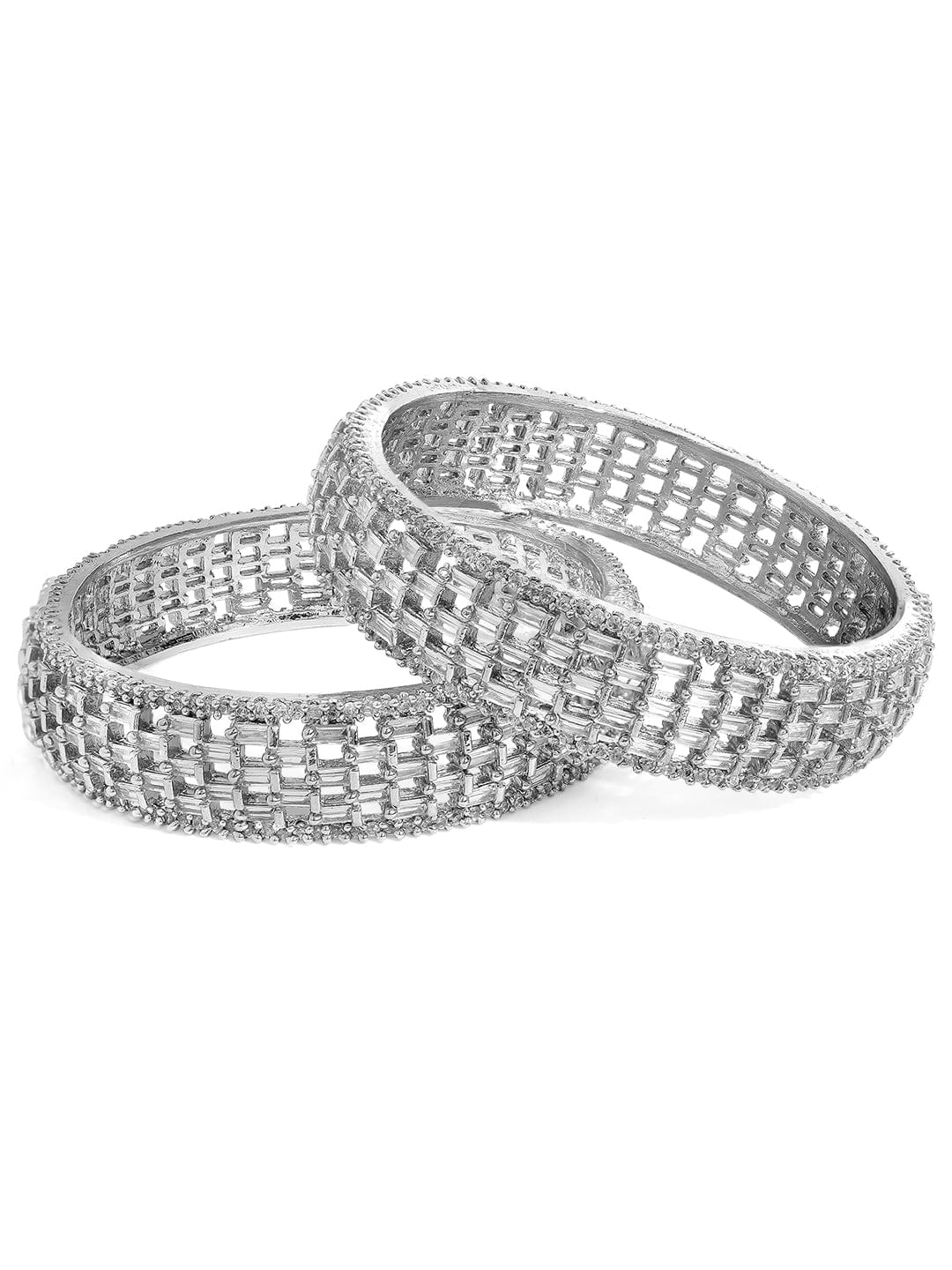 Rubans Silver-Toned Set Of 2 Cubic Zirconia Stone Studded Bangles Bangles & Bracelets