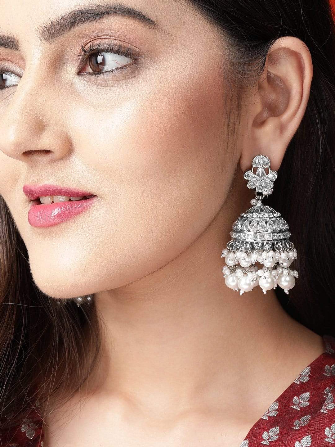 Rubans Traditional Silver Jhumkas With Silver Beads Earrings