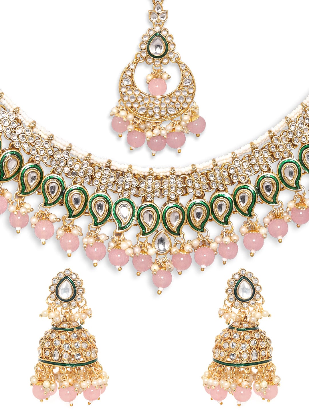 Rubans Voguish 24K Gold Plated Kundan Studded Green Enemal Pink Beaded Jewellery Set Jewellery Sets