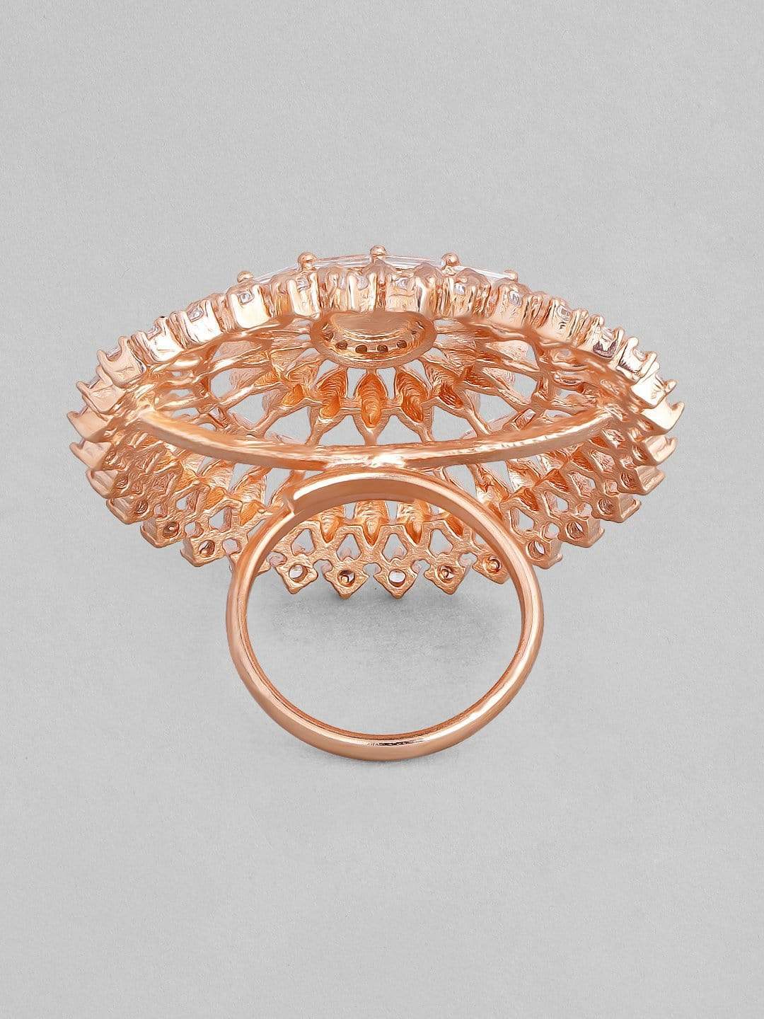 Rubans Zircon Studded Filigree Handcrafted Rose Gold Plated Broad Ring Rings