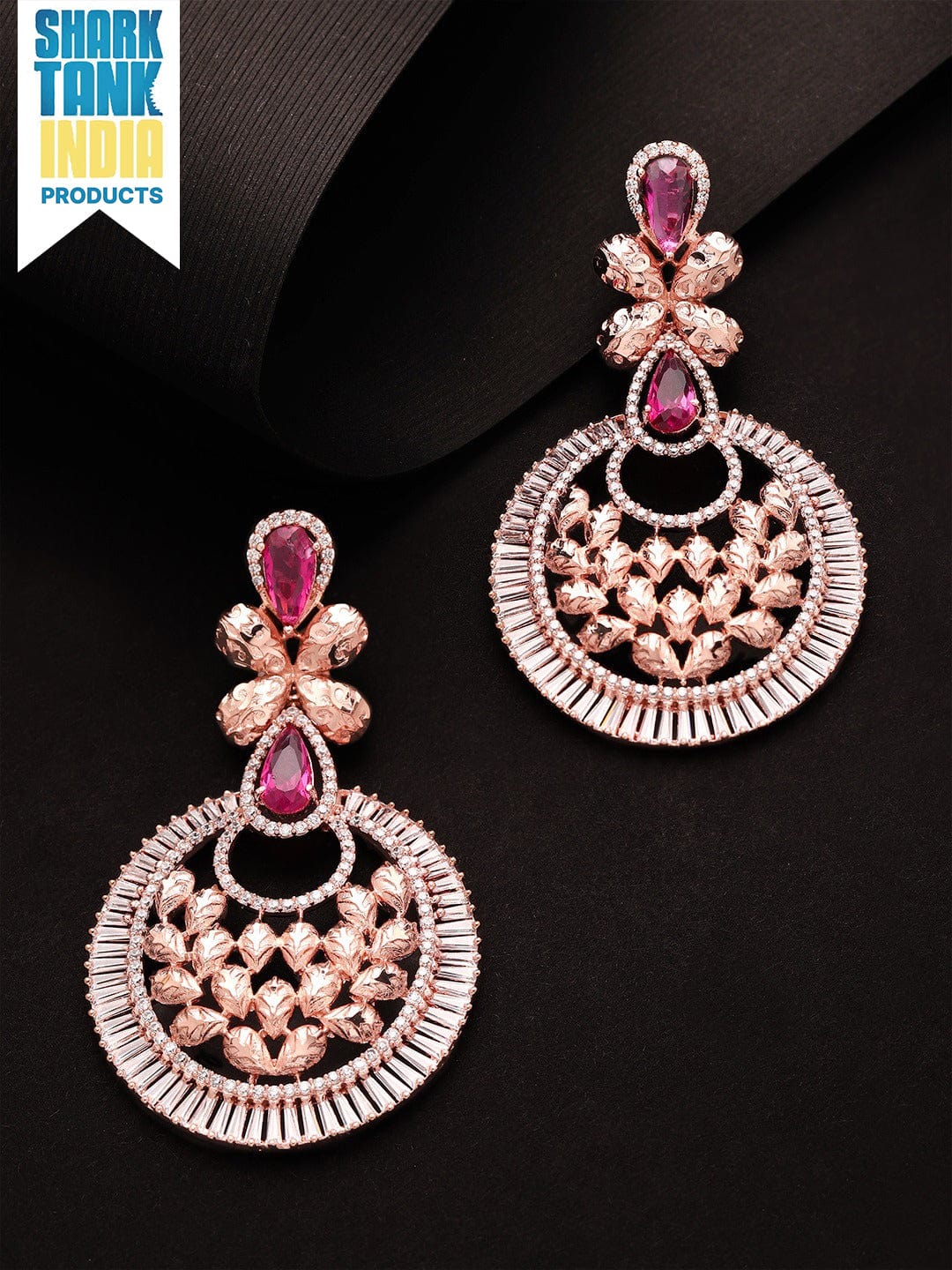 Rubans Zircon Studded Filigree Handcrafted Rose Gold Plated Chandbali Earrings Earrings