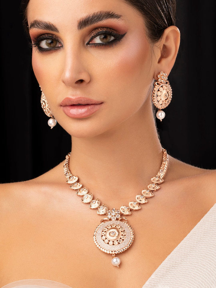 Rubans Zircon Studded Filigree Handcrafted Rose Gold Plated Statement Necklace Set Necklace Set