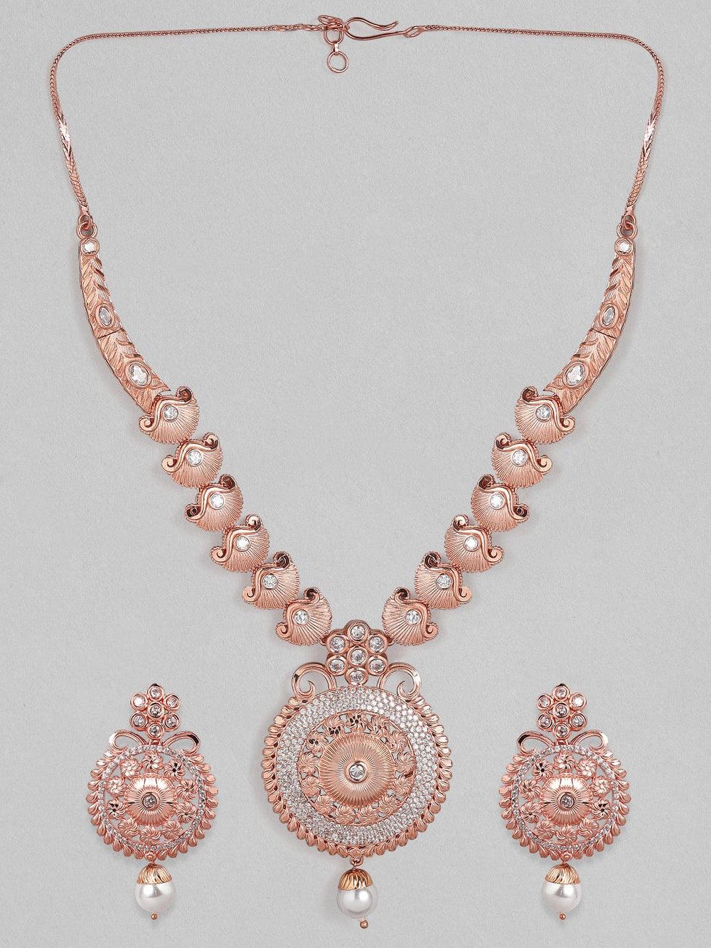 Rubans Zircon Studded Filigree Handcrafted Rose Gold Plated Statement Necklace Set Necklace Set