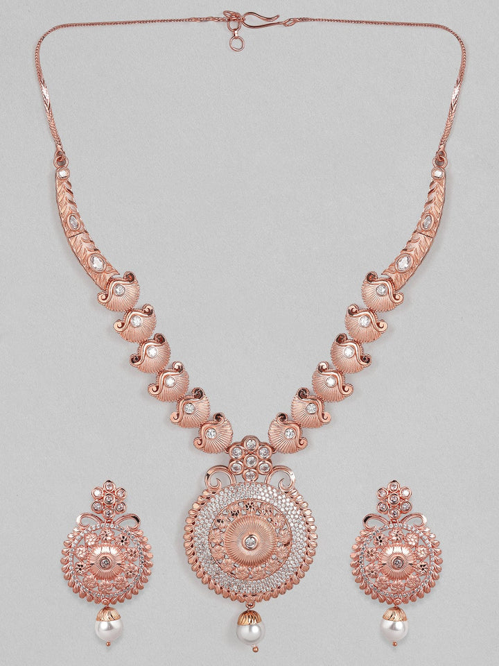 Rubans Zircon Studded Filigree Handcrafted Rose Gold Plated Statement Necklace Set Necklace Set