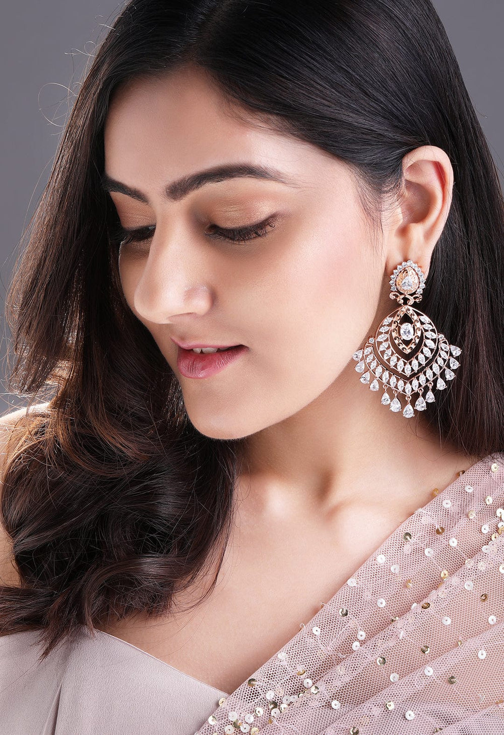 Rubans Zircon Studded Handcrafted Rose Gold Plated Chandbali Earrings Earrings