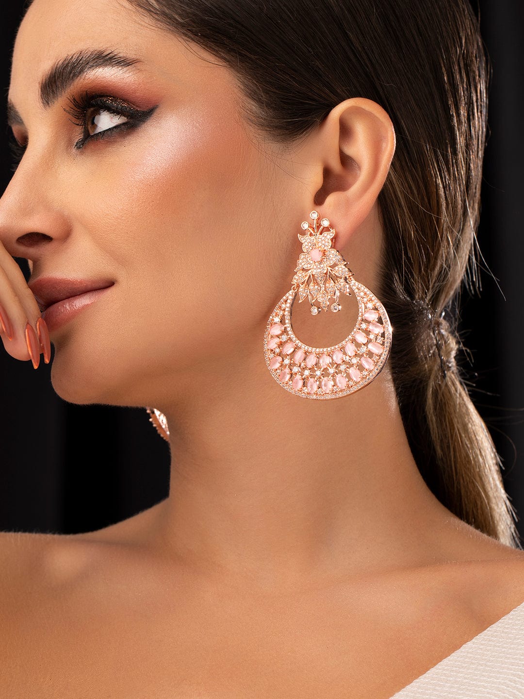 Rubans Zircon Studded Handcrafted Rose Gold Plated Floral Statement Chandbali Earrings Earrings