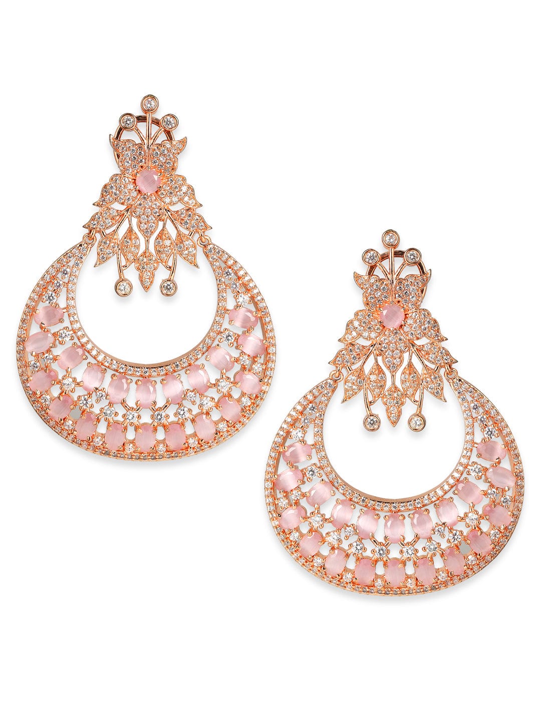 Rubans Zircon Studded Handcrafted Rose Gold Plated Floral Statement Chandbali Earrings Earrings