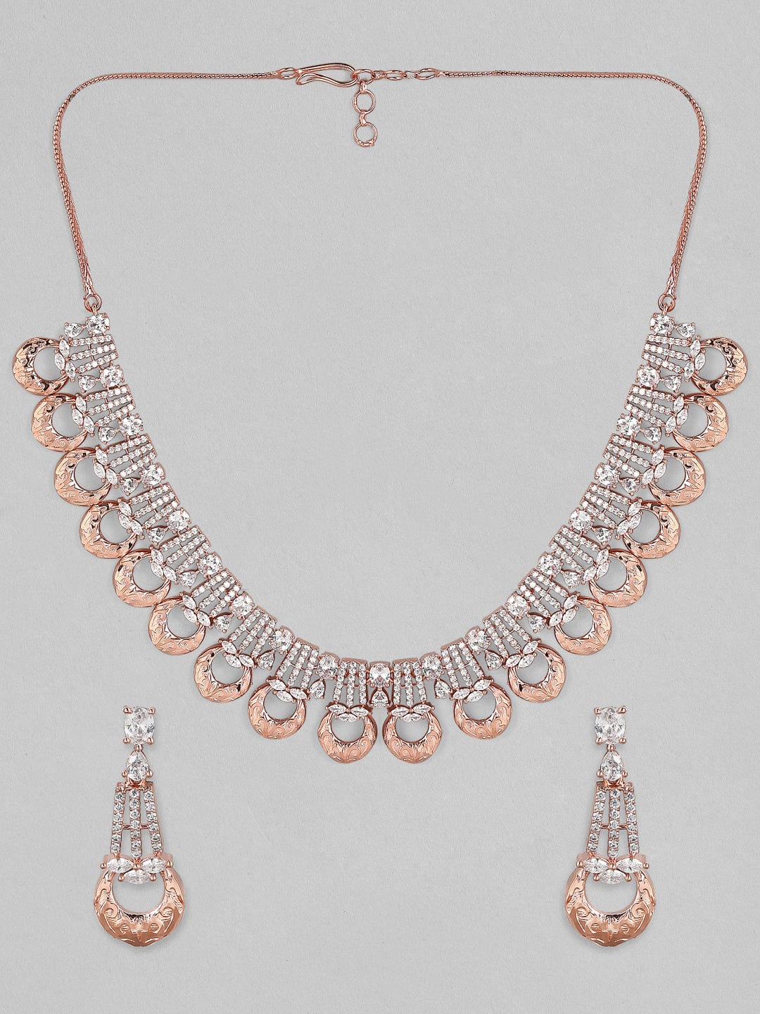 Rubans Zircon Studded Handcrafted Rose Gold Plated Statement Necklace Set Necklace Set