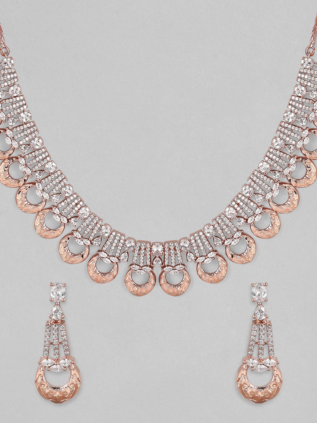 Rubans Zircon Studded Handcrafted Rose Gold Plated Statement Necklace Set Necklace Set