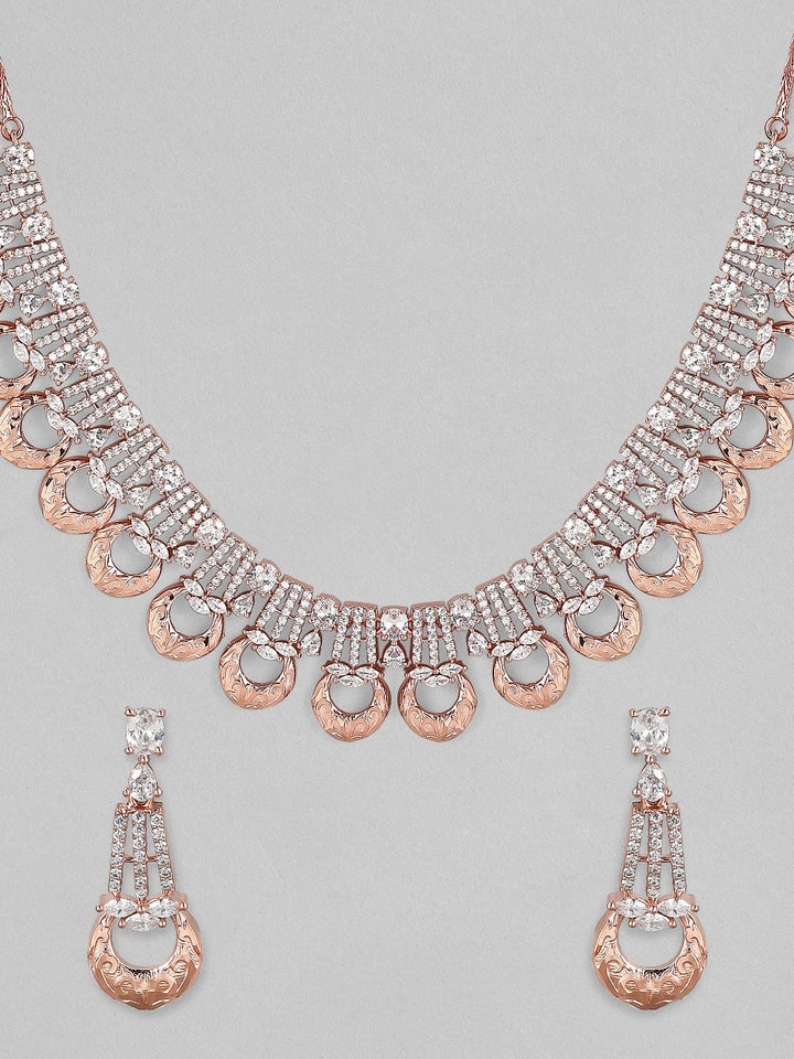 Rubans Zircon Studded Handcrafted Rose Gold Plated Statement Necklace Set Necklace Set