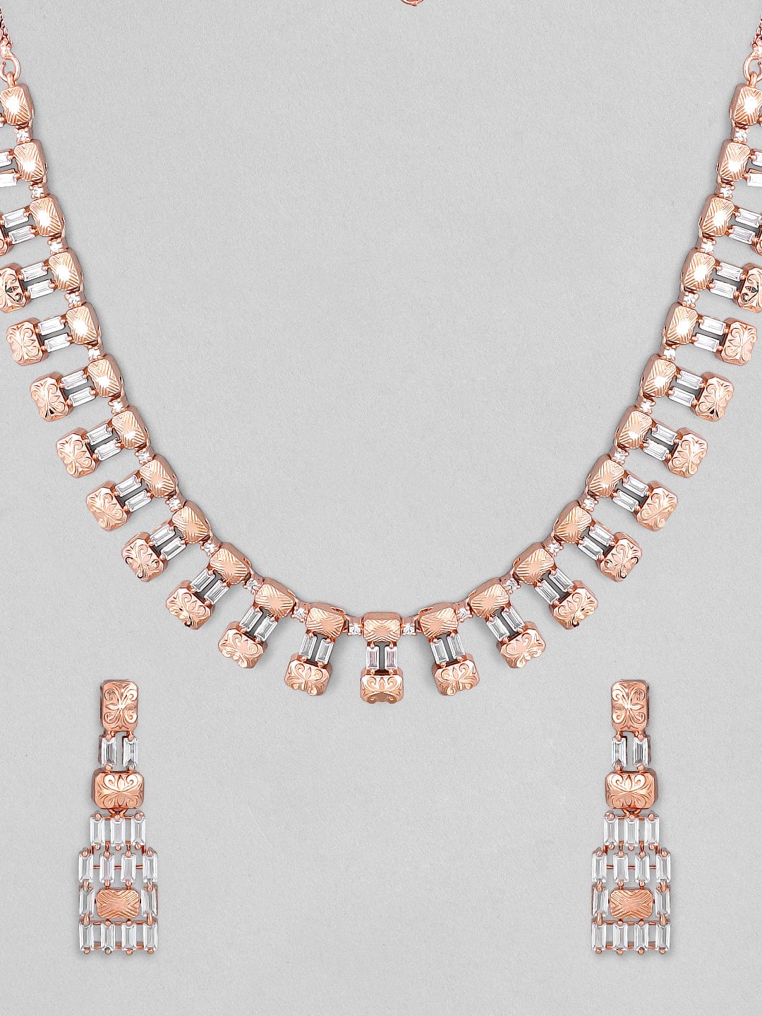 Rubans Zircon Studded Handcrafted Rose Gold Plated Statement Necklace Set Necklace Set