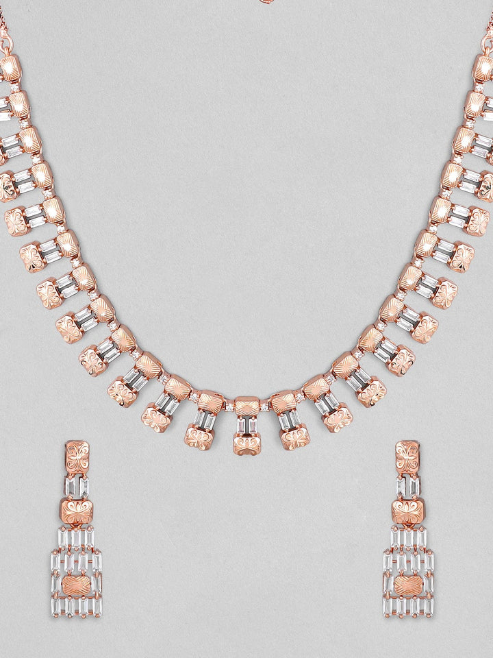 Rubans Zircon Studded Handcrafted Rose Gold Plated Statement Necklace Set Necklace Set