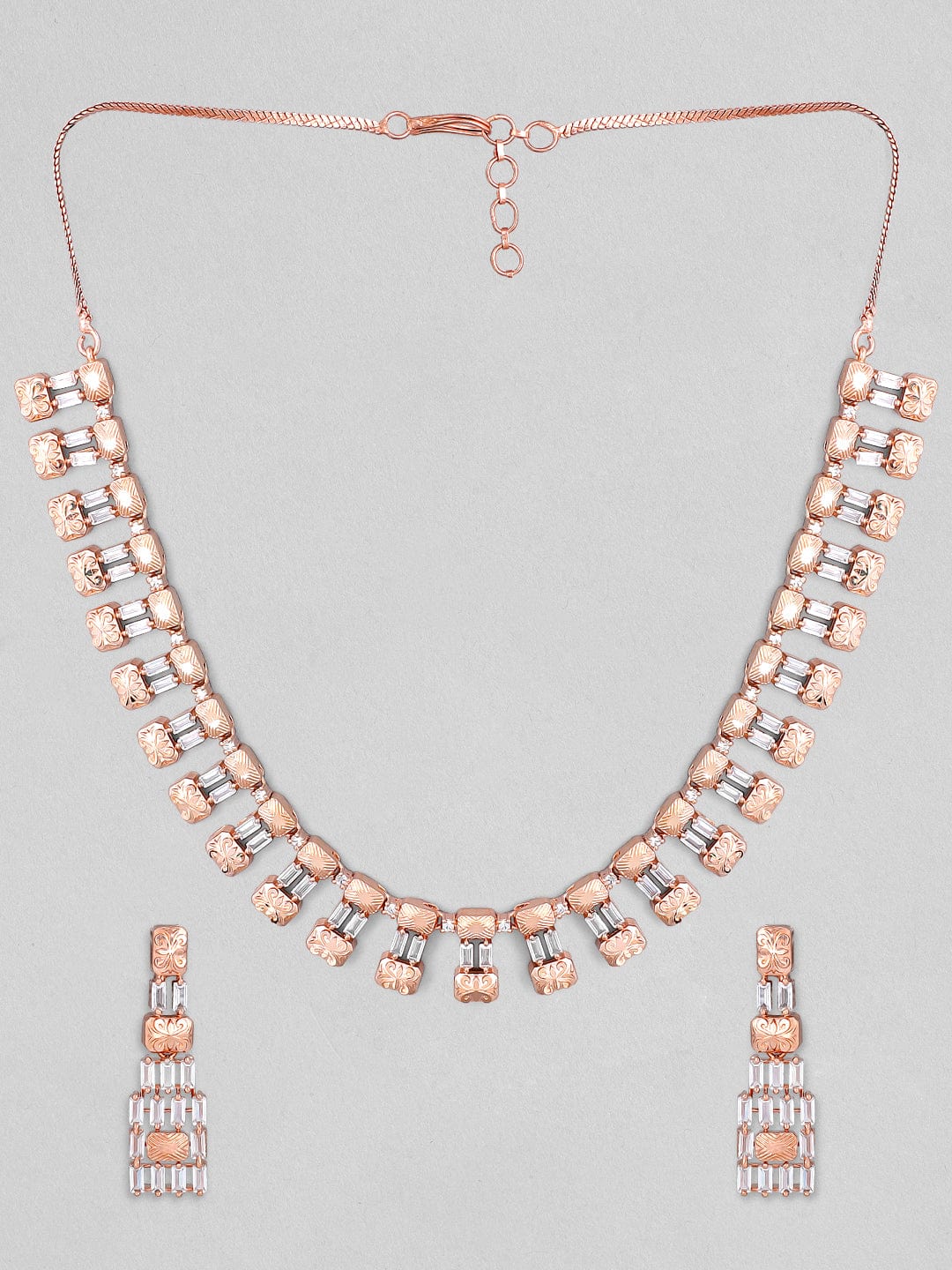 Rubans Zircon Studded Handcrafted Rose Gold Plated Statement Necklace Set Necklace Set