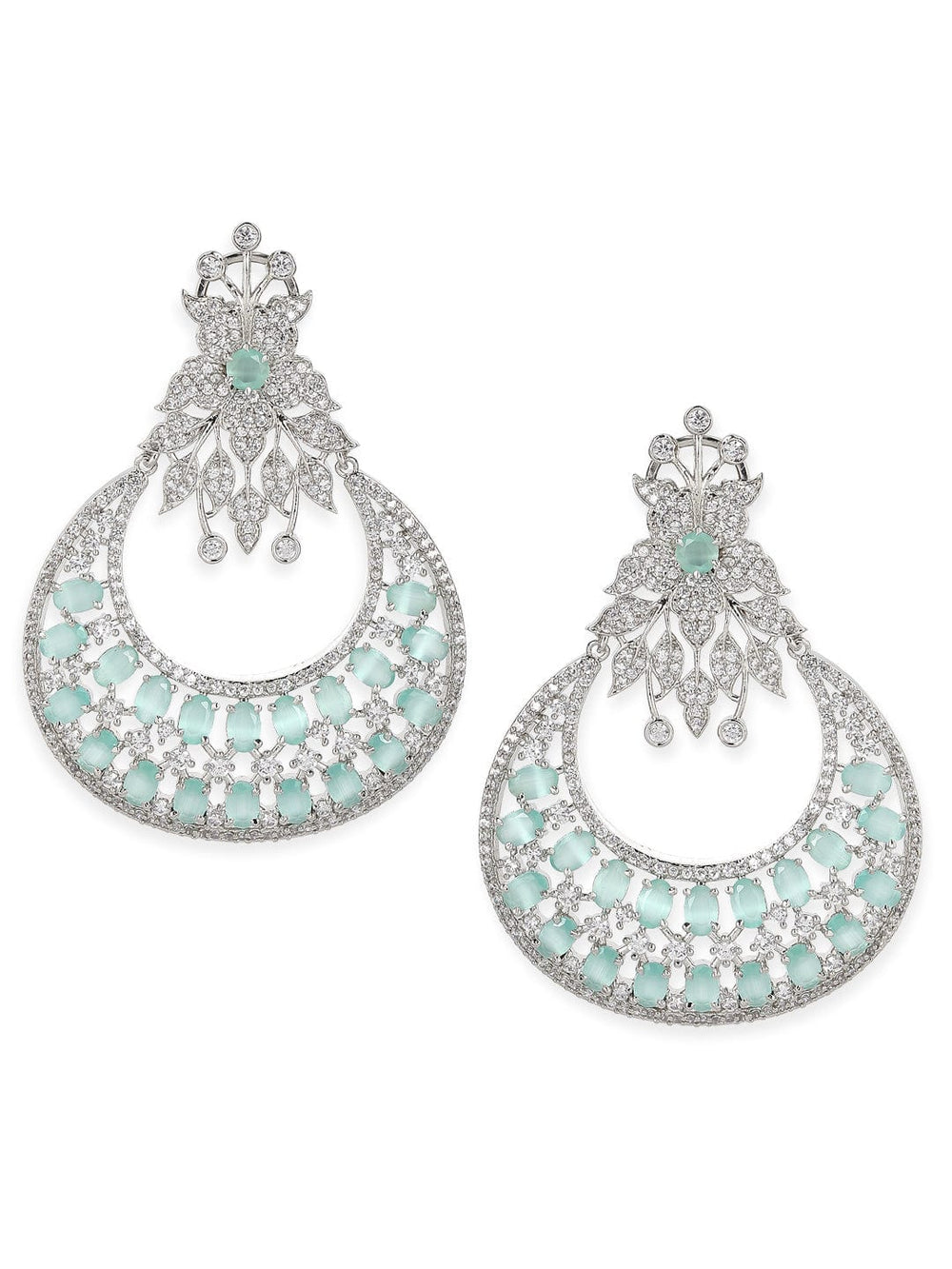 Rubans Zircon Studded Handcrafted Silver Plated Floral Statement Chandbali Earrings Earrings