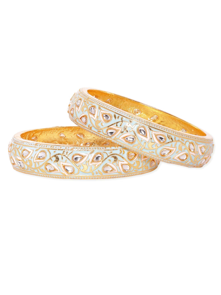 "Set of 2, 22K Gold plated Pastel enamel & Kundan studded Statement bangles  " Bangles & Bracelets