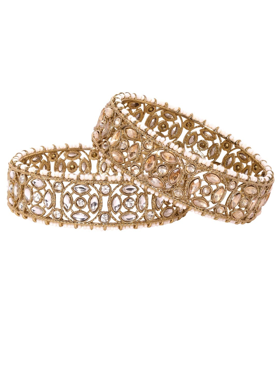 Set of 2, 22K Gold plated pearl beaded kundan studded filigree bangles Bangles & Bracelets